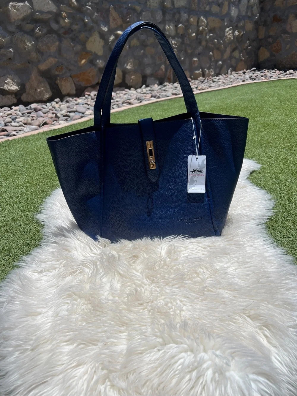 Pebbled Navy Leather Tote with Gold Hardware - Picture 1 of 12